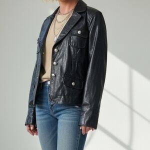Vintage Y2K Paris‎ Blues Faux Leather Jacket Size M Button Up Moto Belt Loops